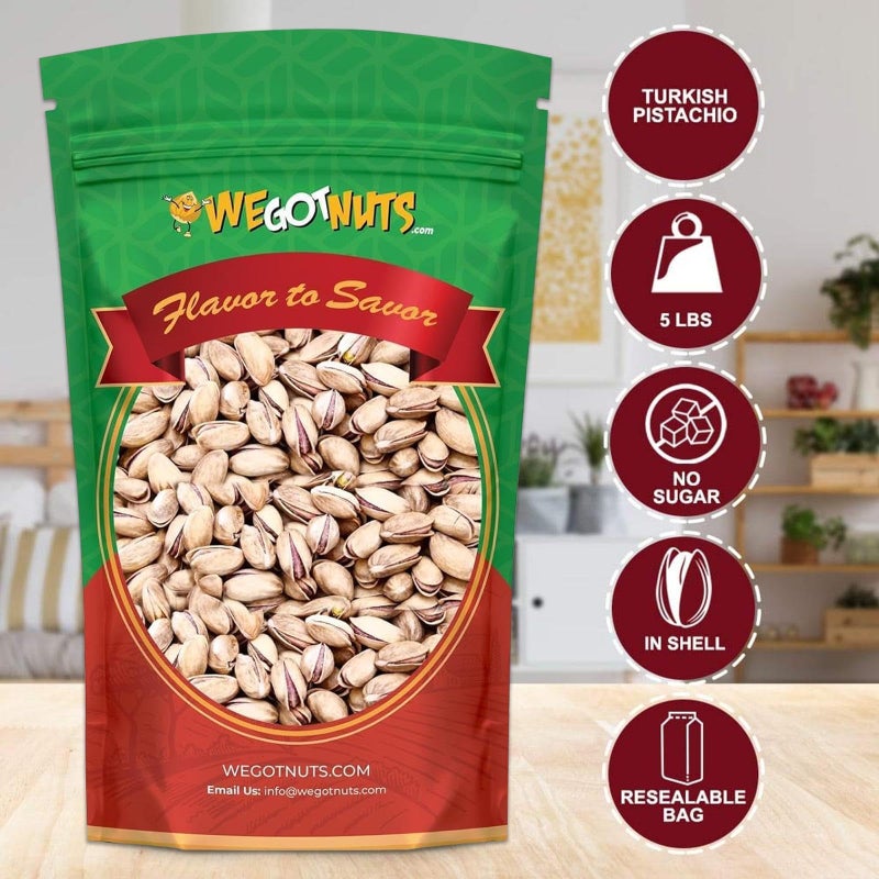 We Got Nuts Turkish Antep Pistachios 5 Pounds (80oz) - Premium Quality Kosher Roasted Pistachios By We Got Nuts - Natural & Healthy Rich Flavor Snack - Whole, & Salted - Air-Tight Resealable Bag Package - Image 2